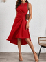 Femmes Plain Rouge Col Rond Confortable Joint Fendu Robe Mi-Longue Rétro