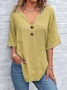 Blouses Simple Plain Été en Lin Col V Demi Manche Régulier Trapèze Régulier pour Femmes