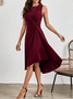Femmes Plain Rouge Col Rond Confortable Joint Fendu Robe Mi-Longue Rétro