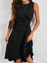 Femmes Plain Rouge Col Rond Confortable Joint Fendu Robe Mi-Longue Rétro