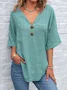 Blouses Simple Plain Été en Lin Col V Demi Manche Régulier Trapèze Régulier pour Femmes