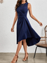 Femmes Plain Rouge Col Rond Confortable Joint Fendu Robe Mi-Longue Rétro