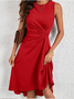 Femmes Plain Rouge Col Rond Confortable Joint Fendu Robe Mi-Longue Rétro