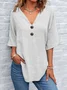 Blouses Simple Plain Été en Lin Col V Demi Manche Régulier Trapèze Régulier pour Femmes