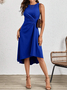 Femmes Plain Rouge Col Rond Confortable Joint Fendu Robe Mi-Longue Rétro