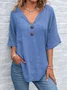 Blouses Simple Plain Été en Lin Col V Demi Manche Régulier Trapèze Régulier pour Femmes