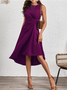 Femmes Plain Rouge Col Rond Confortable Joint Fendu Robe Mi-Longue Rétro