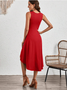 Femmes Plain Rouge Col Rond Confortable Joint Fendu Robe Mi-Longue Rétro