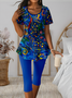 Deux Pièces Ensembles Simple Floral Été Polyester Micro-élasticité Quotidien Manches Courtes Col Rond Régulier pour Femmes