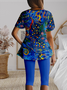 Deux Pièces Ensembles Simple Floral Été Polyester Micro-élasticité Quotidien Manches Courtes Col Rond Régulier pour Femmes