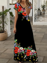 Femmes Floral Noir Col V Confortable Imprimé Robe Maxi Décontracté