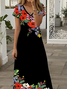 Femmes Floral Noir Col V Confortable Imprimé Robe Maxi Décontracté