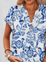 T-shirts Femmes Décontracté Floral Été Coton Col V Coupe Régulière Manches Courtes Trapèze Régulier