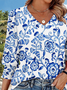 T-shirts Décontracté Floral Printemps / Automne Coton Col V Quotidien Coupe Régulière Manches Longues Trapèze pour Femmes