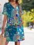 Femmes Floral Bleu Col V Confortable Robe Mi-Longue Décontracté