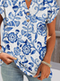 T-shirts Femmes Décontracté Floral Été Coton Col V Coupe Régulière Manches Courtes Trapèze Régulier
