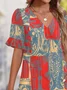 Femmes Floral Rouge Col V Confortable Robe Mi-Longue Décontracté