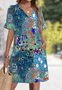Femmes Floral Bleu Col V Confortable Robe Mi-Longue Décontracté