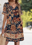 Femmes Floral Noir Col V Confortable Robe Mi-Longue Décontracté