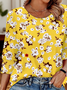 T-shirts Décontracté Floral Printemps / Automne Coton Manches trois quarts Col Rond Régulier Trapèze Régulier pour Femmes
