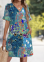 Femmes Floral Bleu Col V Confortable Robe Mi-Longue Décontracté