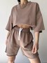 Deux Pièces Ensembles Décontracté Plain Été Micro-élasticité Quotidien Pull-over Col Rond Droit Ensembles courts pour Femmes