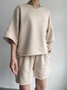 Deux Pièces Ensembles Décontracté Plain Été Micro-élasticité Quotidien Pull-over Col Rond Droit Ensembles courts pour Femmes