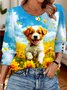 T-shirts Décontracté Tropical Printemps / Automne Coton Col V Micro-élasticité Quotidien Manches Longues Régulier pour Femmes