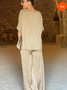 Deux Pièces Ensembles Femmes Élégant Plain Été Micro-élasticité Demi Manche Col Rond Top Avec Pantalons Droit Régulier
