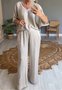 Deux Pièces Ensembles Femmes Élégant Plain Été Micro-élasticité Demi Manche Col Rond Top Avec Pantalons Droit Régulier