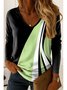 T-shirts Décontracté Bloc de Couleur Printemps / Automne Coton Col V Quotidien Manches Longues Droit Régulier pour Femmes
