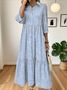 Femmes Rayé Bleu Clair Col de Chemise Confortable Robe Maxi Décontracté