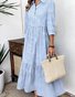 Femmes Rayé Bleu Clair Col de Chemise Confortable Robe Maxi Décontracté