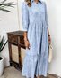Femmes Rayé Bleu Clair Col de Chemise Confortable Robe Maxi Décontracté