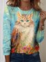 T-shirts Simple Imprimé d'Animal Printemps / Automne Domestique Ample Jersey Manches Longues Col Rond Droit pour Femmes