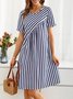 Femmes Rayé Bleu Col Rond Confortable Robe Mi-Longue Décontracté