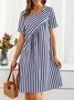 Femmes Rayé Bleu Col Rond Confortable Robe Mi-Longue Décontracté
