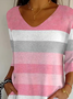 T-shirts Femmes Rayé Décontracté Printemps / Automne Polyester Col V Micro-élasticité Ample Ligne T Régulier