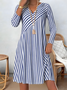 Femmes Rayé Bleu Col V Confortable Imprimé Robe Mi-Longue Rétro