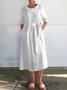 Femmes Plain Blanc Col Rond Confortable Boutonné Robe Mi-Longue Décontracté