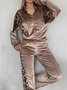 Deux Pièces Ensembles Femmes Élégant Motif Léopard Printemps / Automne Polyester Joint Fendu Manches Longues Col Rond Top Avec Pantalons Droit