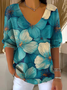 T-shirts Femmes Floral Simple Printemps / Automne Polyester Col V Micro-élasticité Domestique Manches trois quarts Régulier