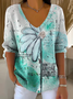 T-shirts Femmes Floral Simple Printemps / Automne Polyester Col V Micro-élasticité Domestique Manches trois quarts Régulier
