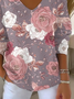 T-shirts Décontracté Floral Printemps / Automne Polyester Col V Micro-élasticité Domestique Régulier Droit pour Femmes