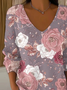 T-shirts Décontracté Floral Printemps / Automne Polyester Col V Micro-élasticité Domestique Régulier Droit pour Femmes