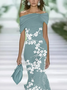 Femmes Floral Cyan à Épaules Dénudées Confortable Imprimé Robe Maxi Rétro