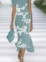 Femmes Floral Cyan à Épaules Dénudées Confortable Imprimé Robe Maxi Rétro