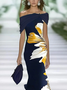 Femmes Floral Bleu Violacé à Épaules Dénudées Confortable Imprimé Robe Maxi Rétro