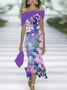 Femmes Floral Violet à Épaules Dénudées Confortable Imprimé Robe Maxi Rétro