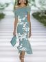 Femmes Floral Cyan à Épaules Dénudées Confortable Imprimé Robe Maxi Rétro